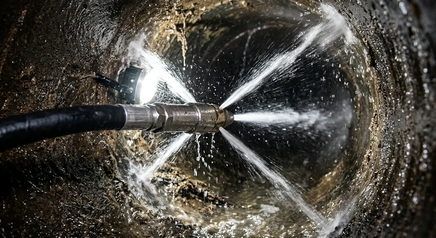 High-pressure hydro jetting nozzle cleaning sewer pipe for Sewer Line Relining in Mount Pleasant