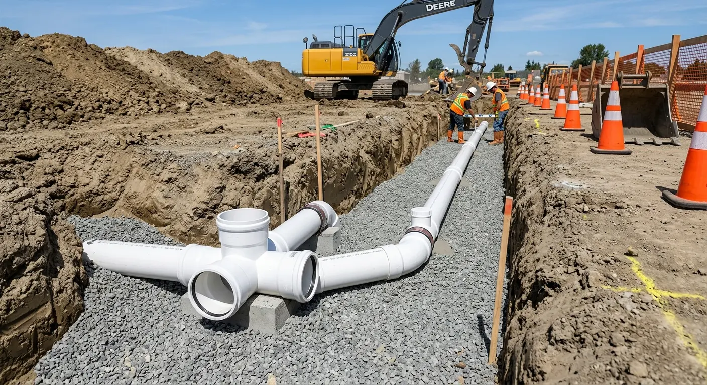 New PVC sewer pipe installation in open trench for Grease Trap Cleaning in Mount Pleasant